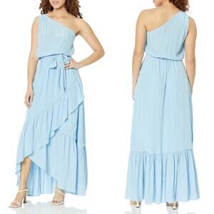 NEW Ramy Brook Nicola One Shoulder Belted Ruffle Dress in Misty Blue Size L